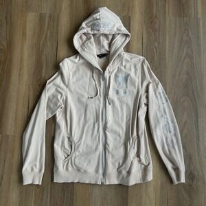 Vintage BCBGMAXAZRIA Rhinestone Butterfly Zip Up Hoodie Beige Tan XL Y2K McBling